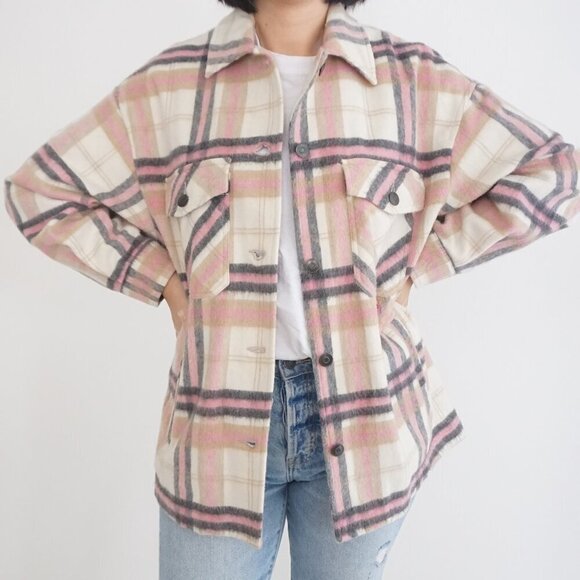 Zara Pink Cream Plaid 20% Wool Button Up Shacket Shirt S - Picture 2 of 12